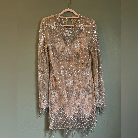 ASOS Edition embellished mini dress with beaded fringe hem in blush - Picture 5 of 7